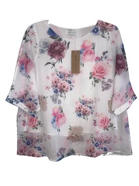 NWT Tendency Curvy Women’s Sz 16 White Floral Flowy Blouse Short Sleeve Romance.